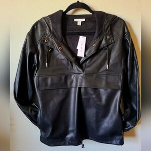 NWT TopShop Black Leather Button Up Hoodie w/ Pockets